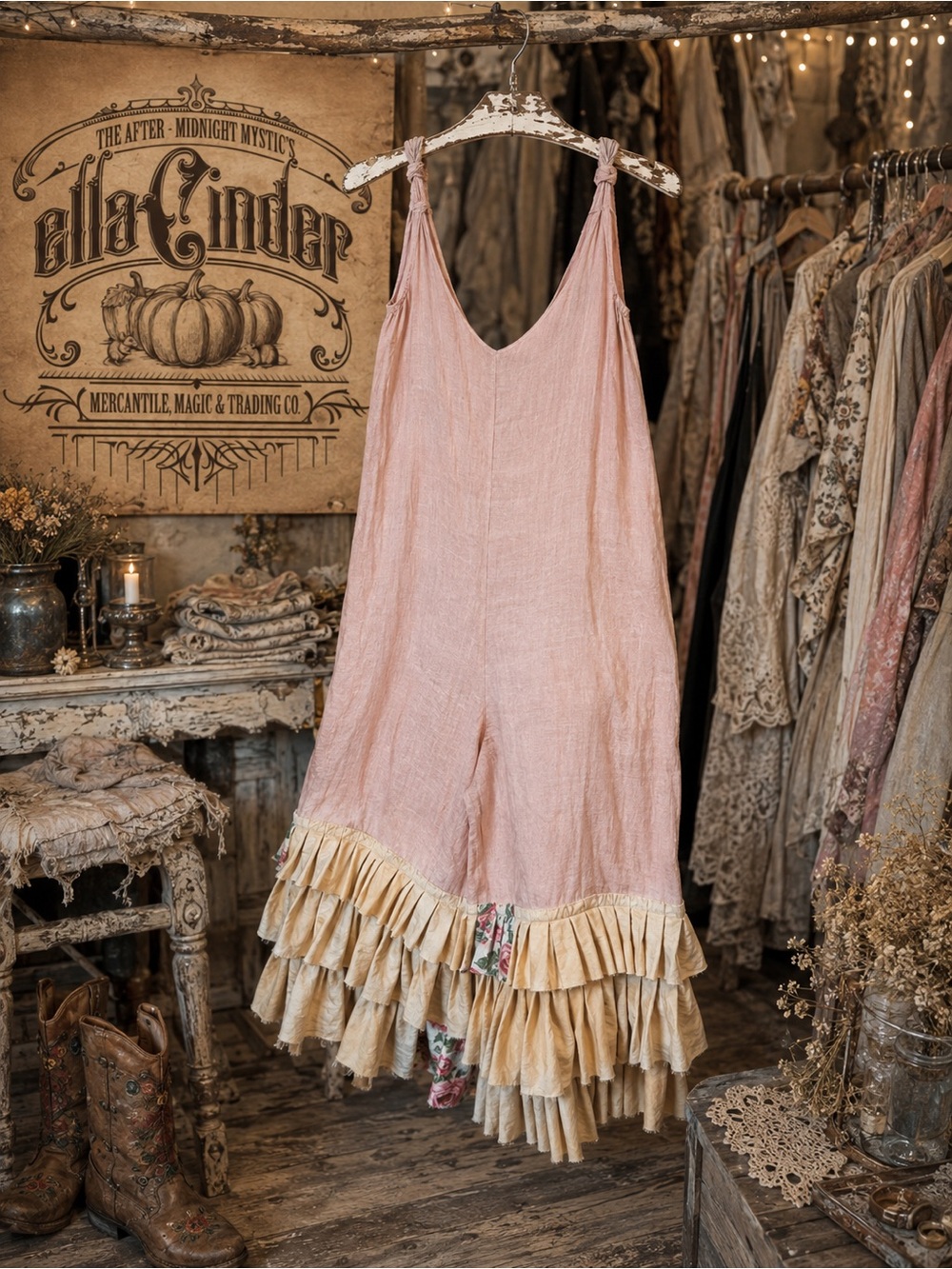 Blush Pink Ruffled Linen Jumpsuit Jumper M/L